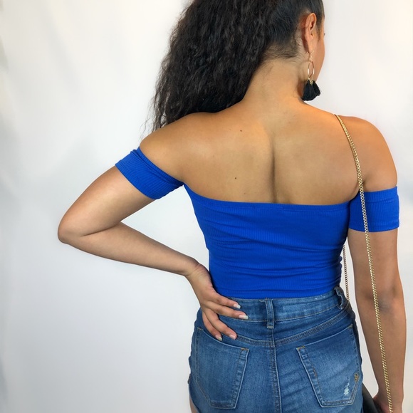 Blue Off Shoulder Crop Top - Picture 3 of 3